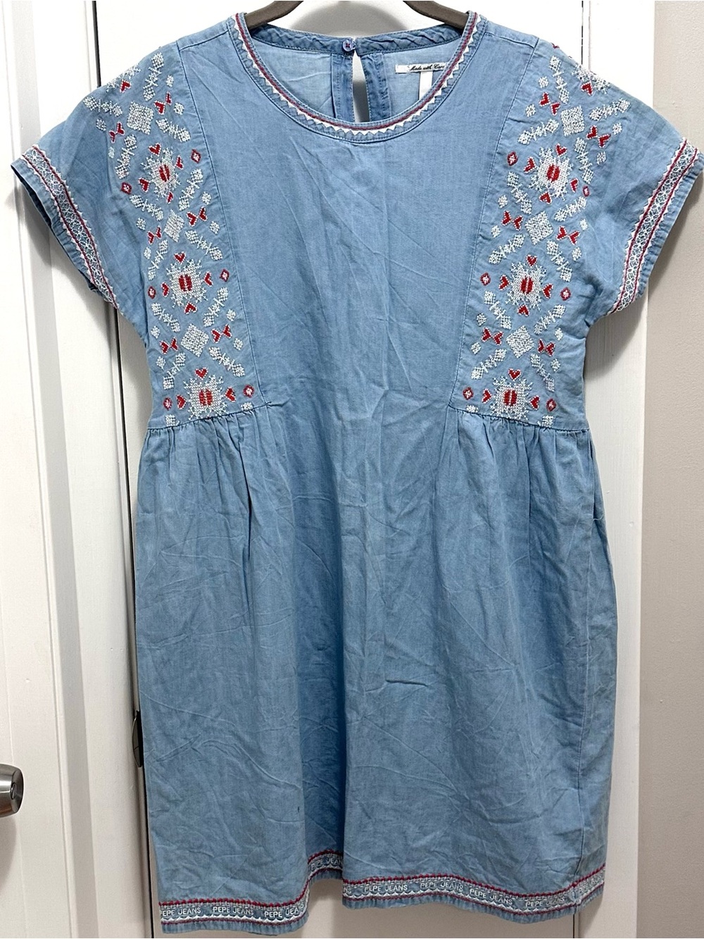 Pepe Jeans Jane Blue Denim Shift Dress 16 Girls Red White Embroidered Aztec